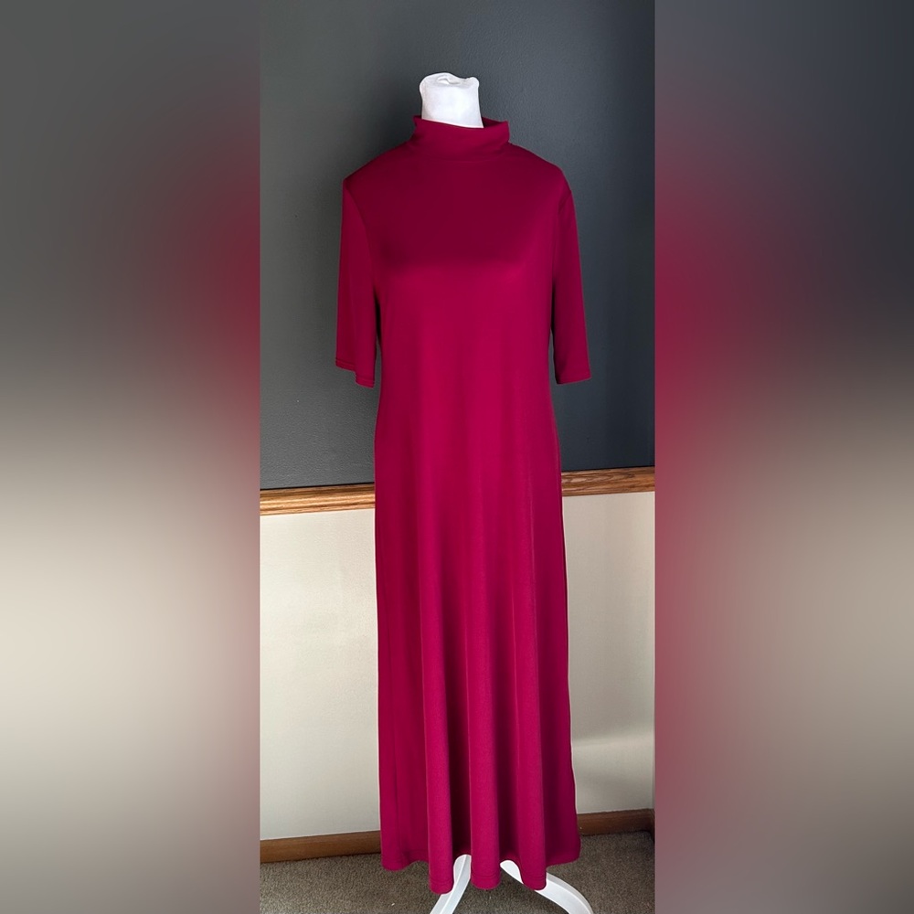 Chico’s Elbow-Sleeve Mock Neck Maxi Dress Berry Compote Size 1 Medium Stretch